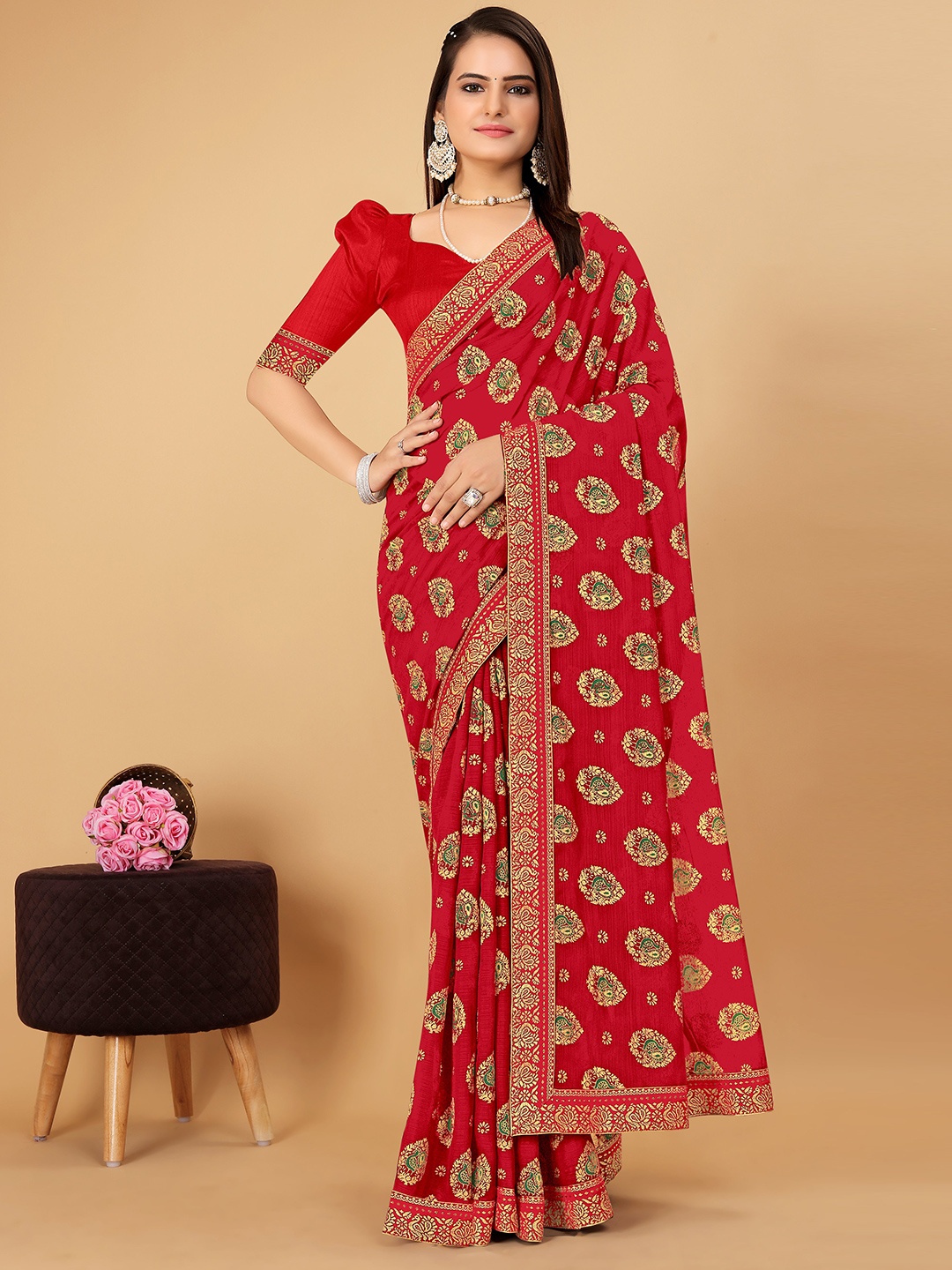 

CastilloFab Ethnic Motifs Woven Design Zari Pure Chiffon Saree, Red