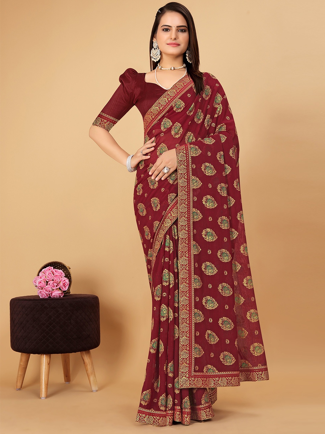 

CastilloFab Ethnic Motifs Woven Design Zari Pure Chiffon Saree, Maroon