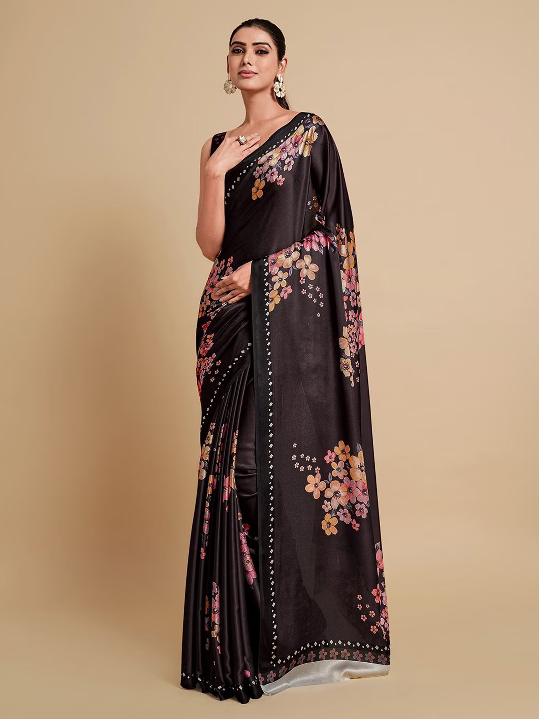 

FABIAN FASHION Floral Printed Satin Saree, Black