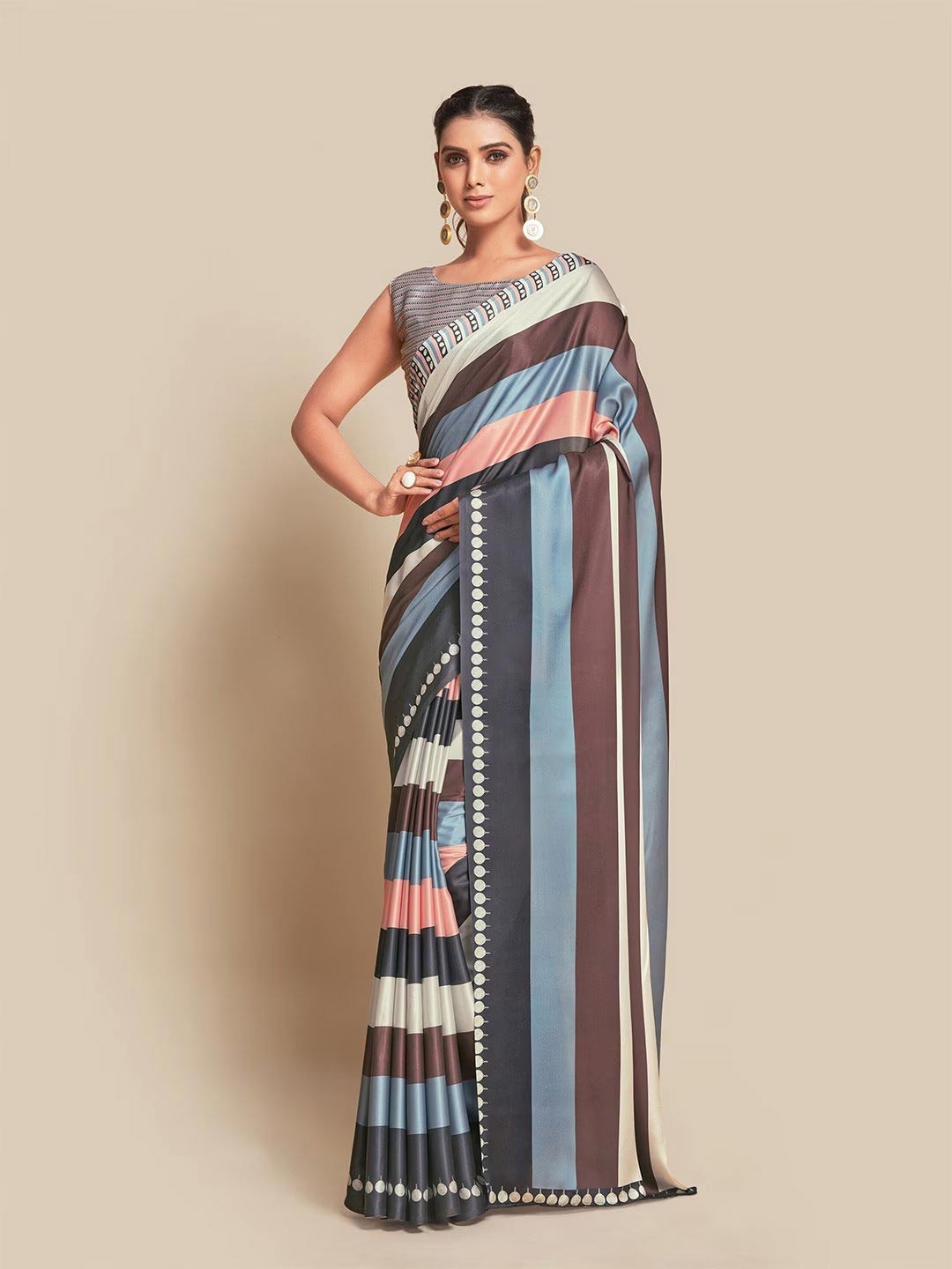 

FABIAN FASHION Striped Printed Satin Saree, Grey