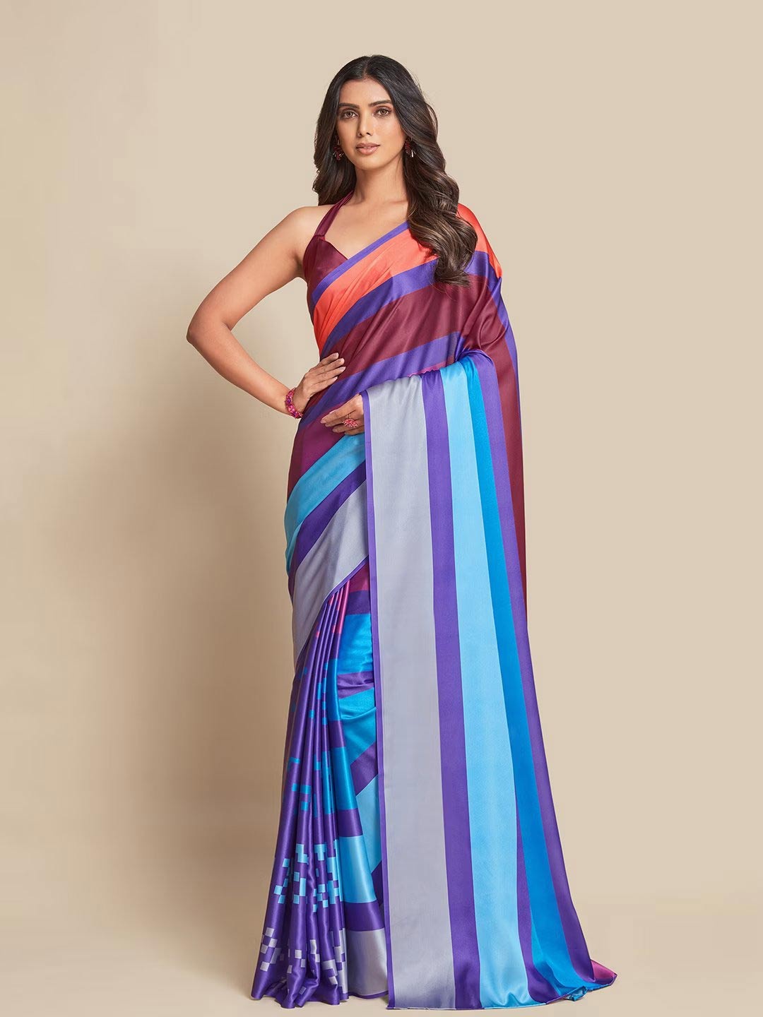 

FABIAN FASHION Striped Printed Satin Saree, Blue