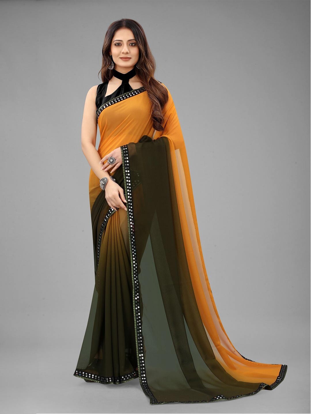 

RadadiyaTRD Ombre Sequinned Embellished Pure Georgette Saree, Orange