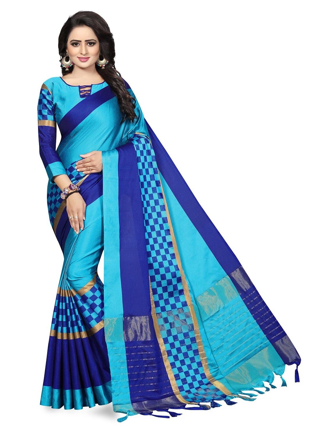 

RadadiyaTRD Checked Zari Banarasi Saree, Blue