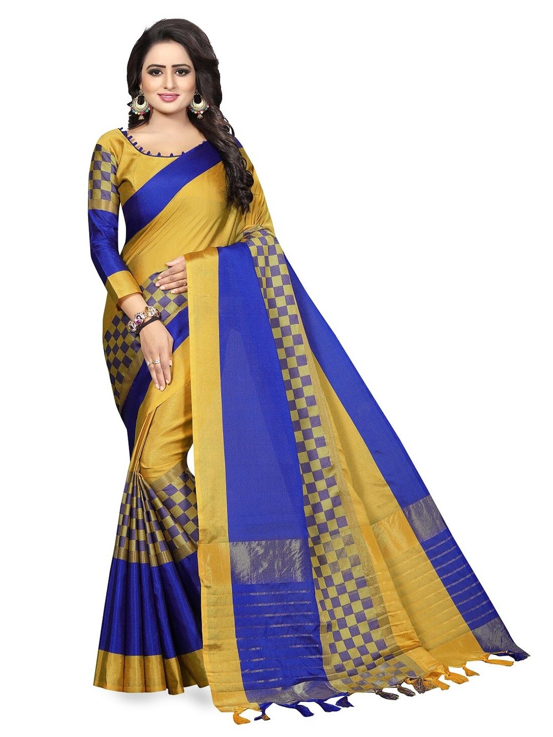 

RadadiyaTRD Checked Zari Banarasi Saree, Gold