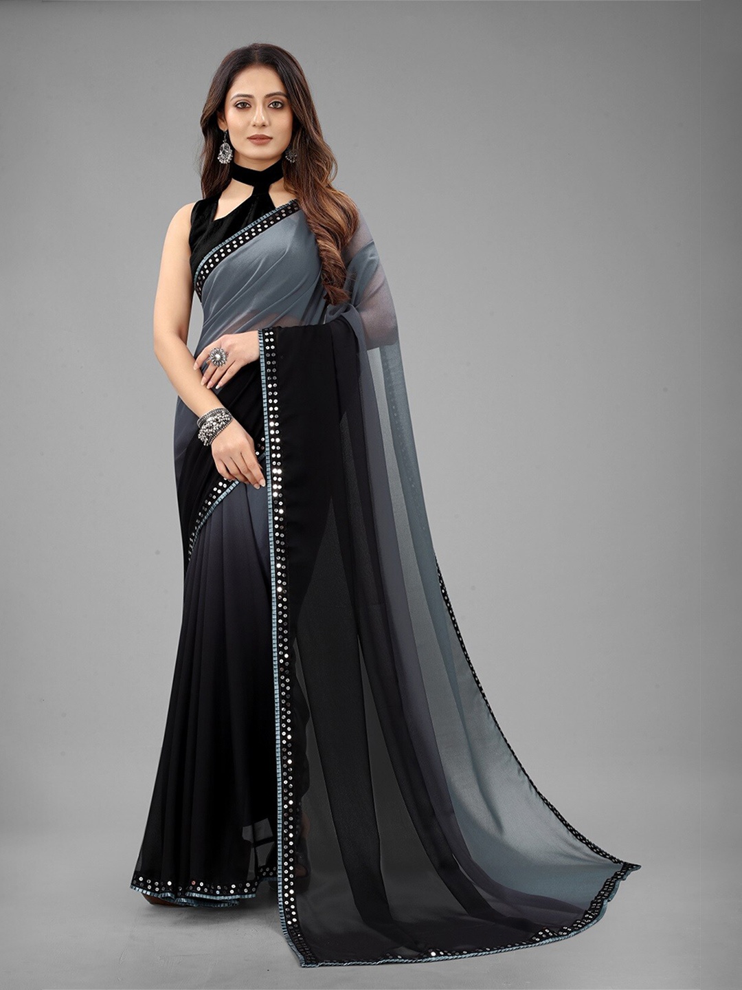 

RadadiyaTRD Ombre Sequinned Pure Georgette Saree, Grey