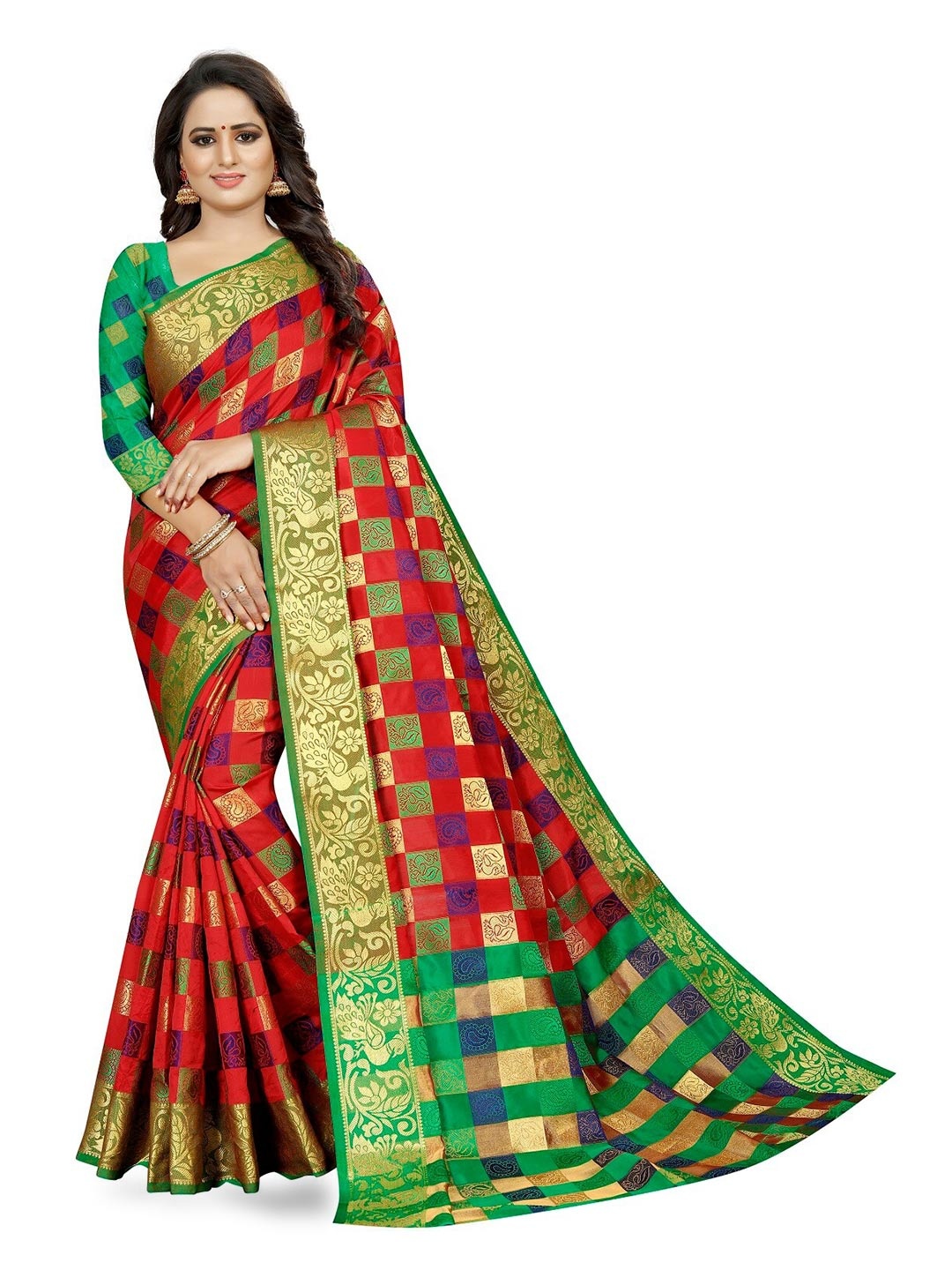 

RadadiyaTRD Checked Zari Banarasi Saree, Red
