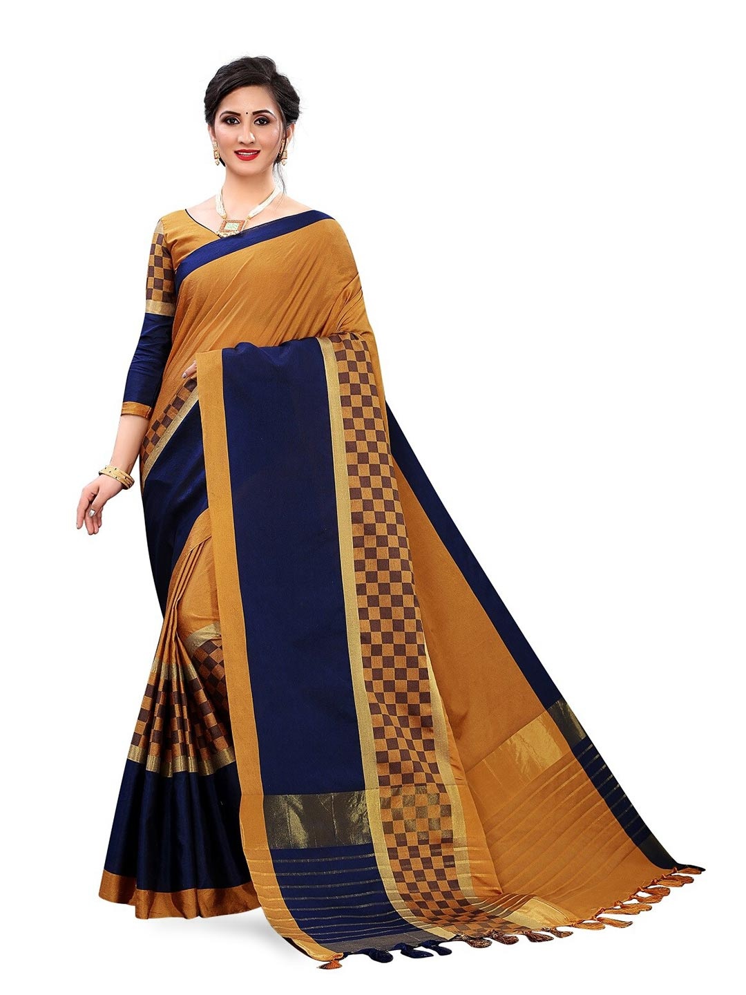 

RadadiyaTRD Checked Zari Banarasi Saree, Copper