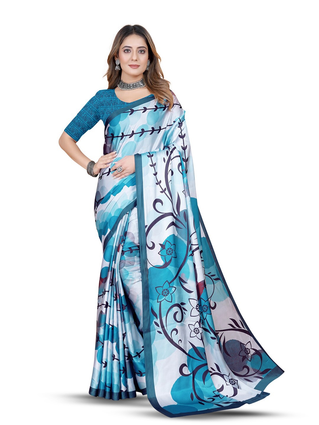 

Inithi Floral Printed Satin Saree, White