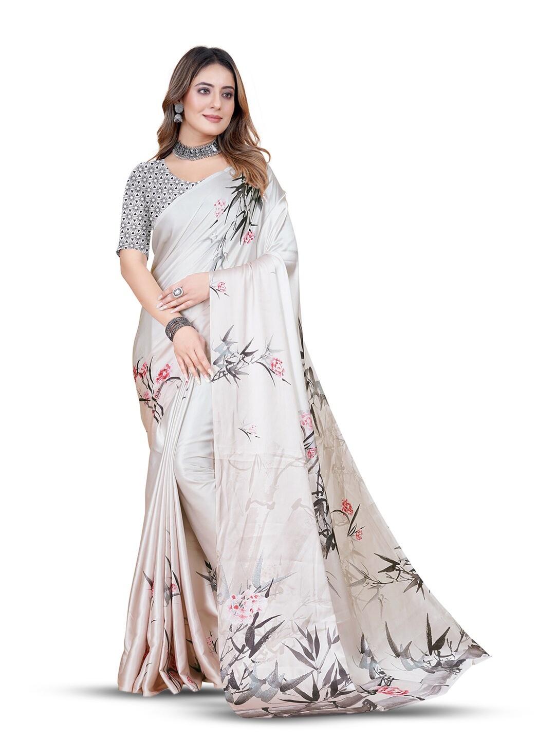 

Inithi Floral Printed Satin Saree, White