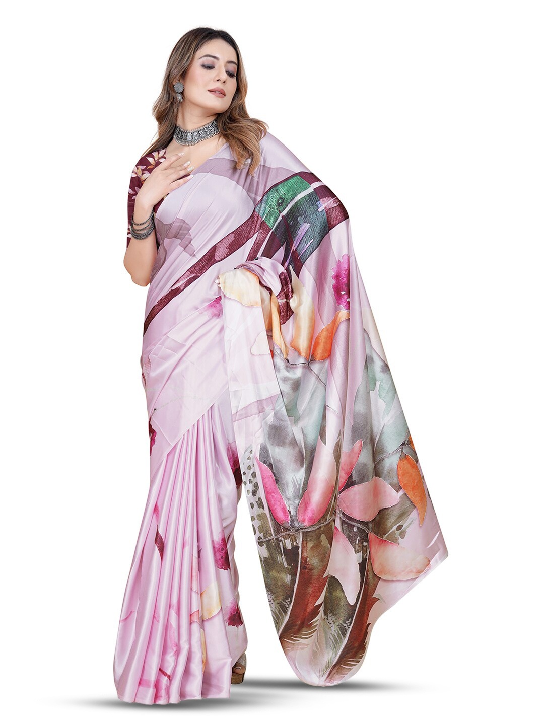 

Inithi Floral Printed Satin Saree, Pink