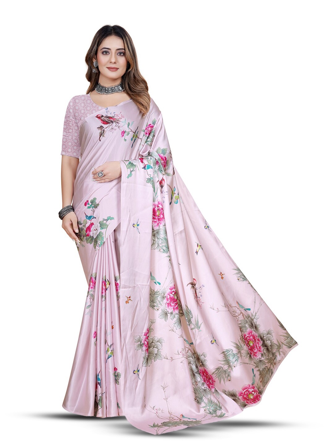 

Inithi Floral Printed Satin Saree, Pink