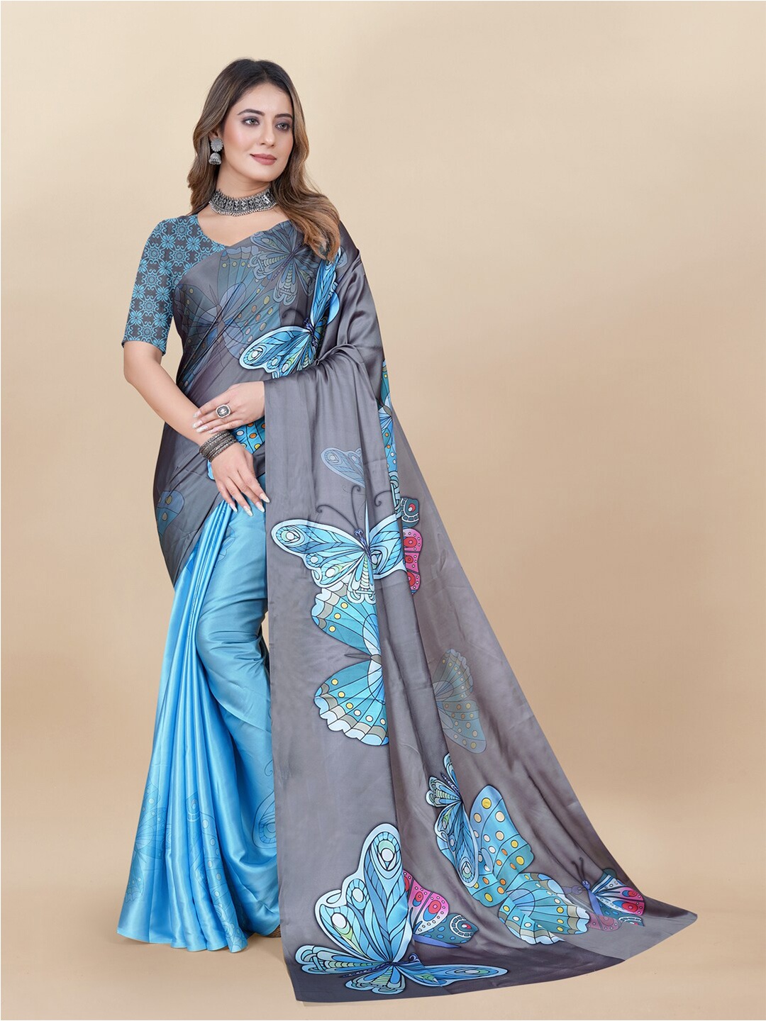 

Inithi Floral Printed Satin Saree, Blue