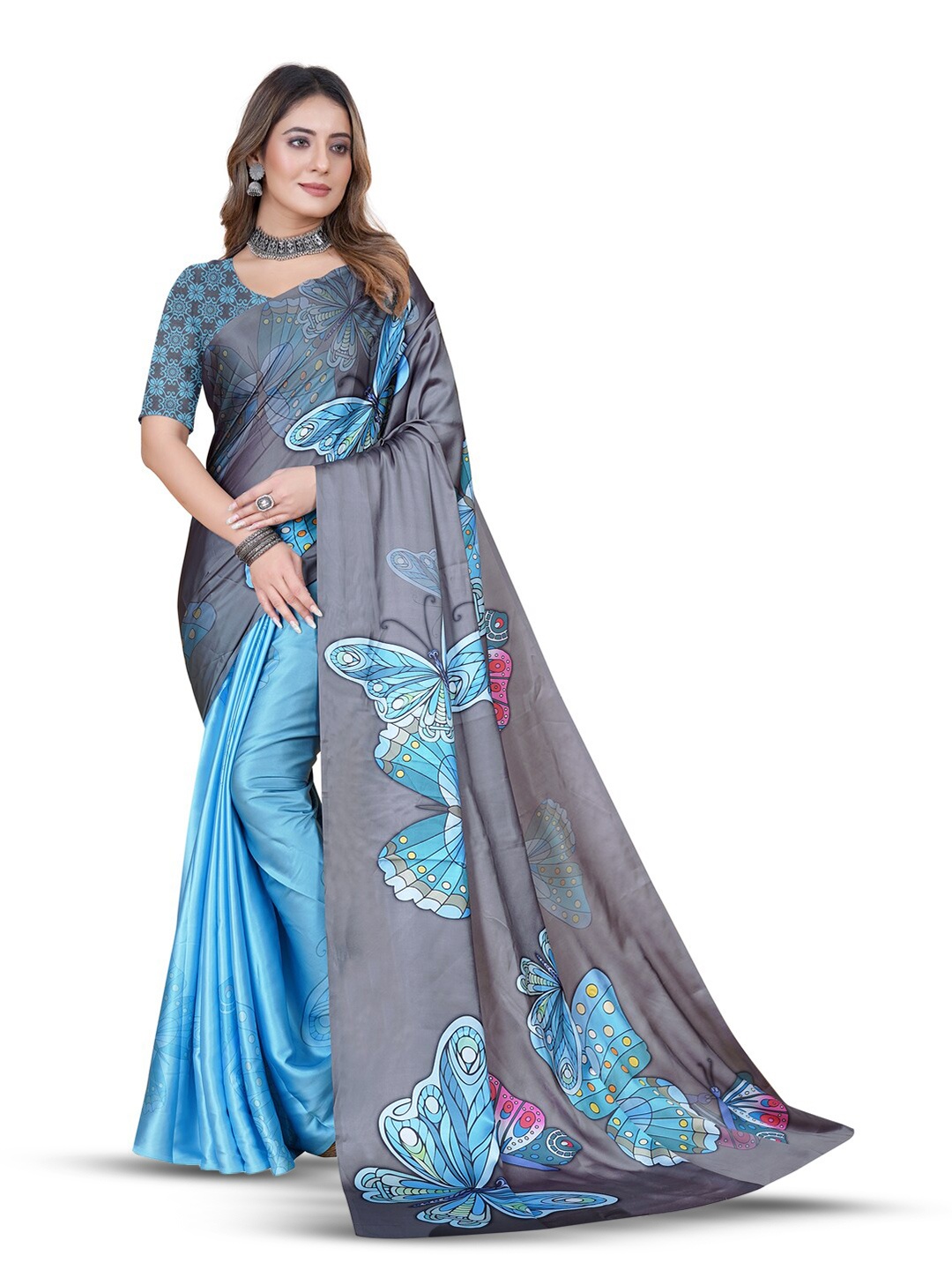 

Inithi Floral Printed Satin Saree, Blue