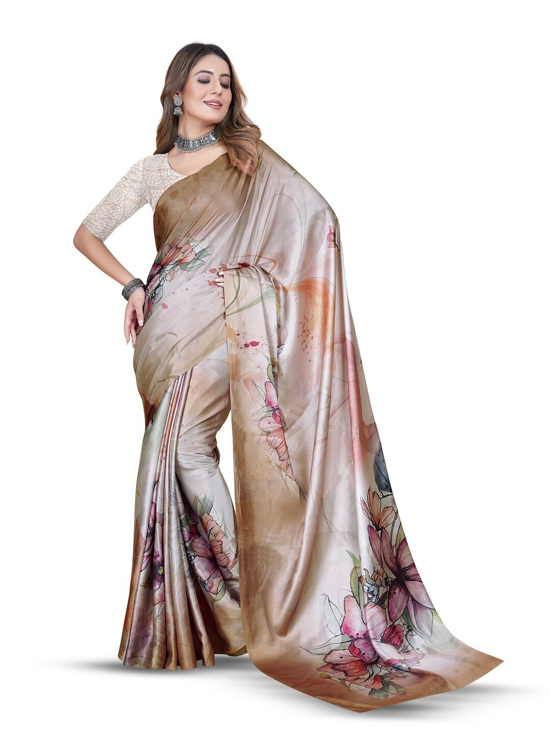 

Inithi Floral Printed Satin Saree, Brown