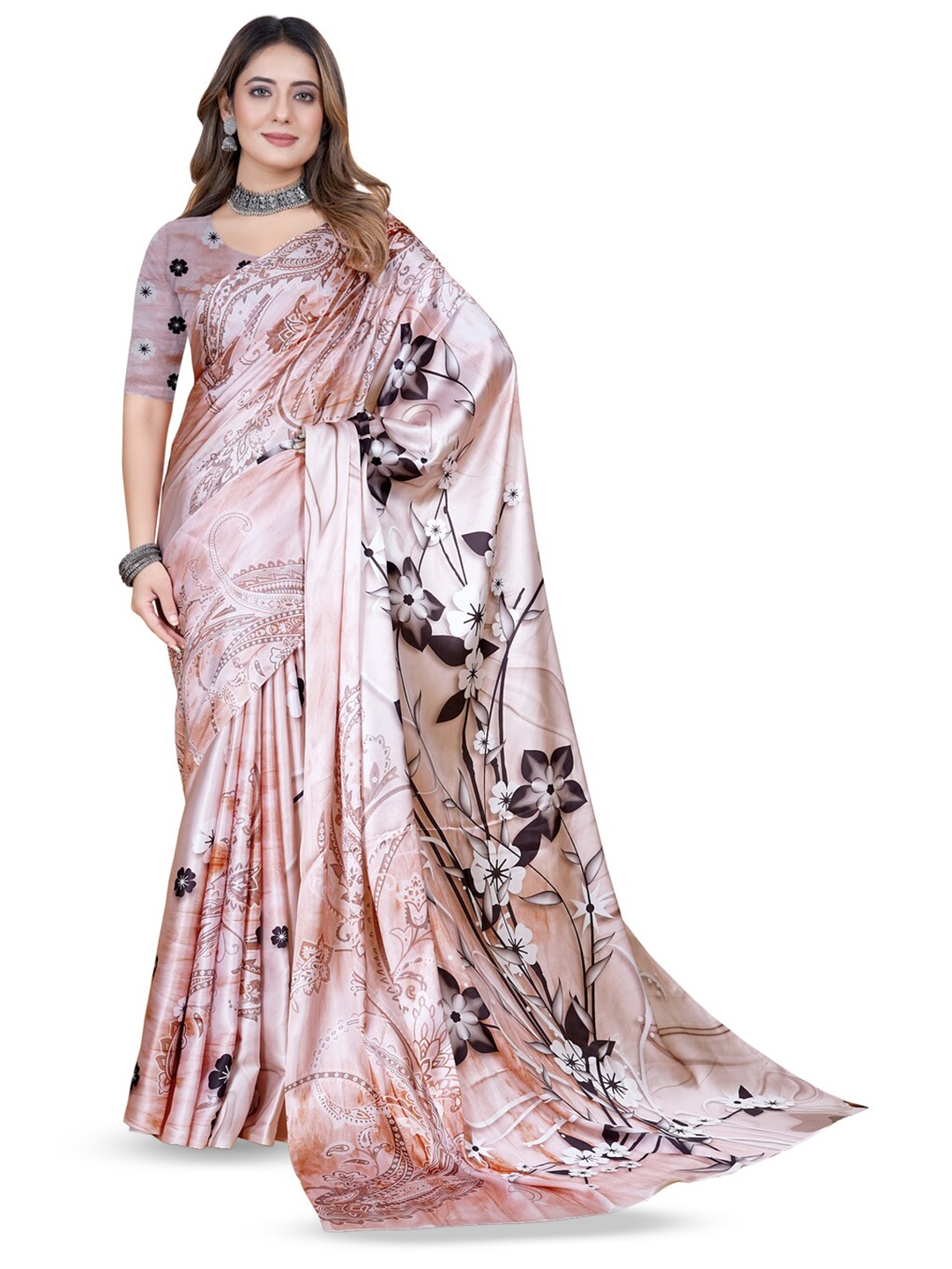 

Inithi Floral Printed Satin Saree, Pink