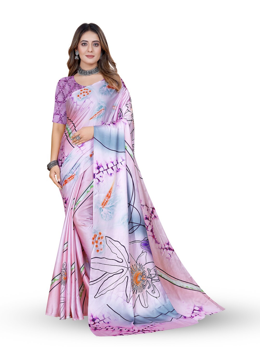 

Inithi Floral Printed Satin Saree, Purple