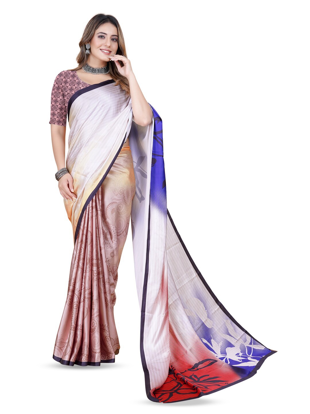 

Inithi Floral Printed Satin Saree, White