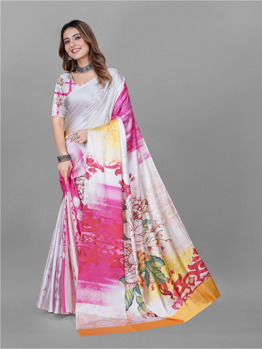 

Inithi Floral Printed Satin Saree, White