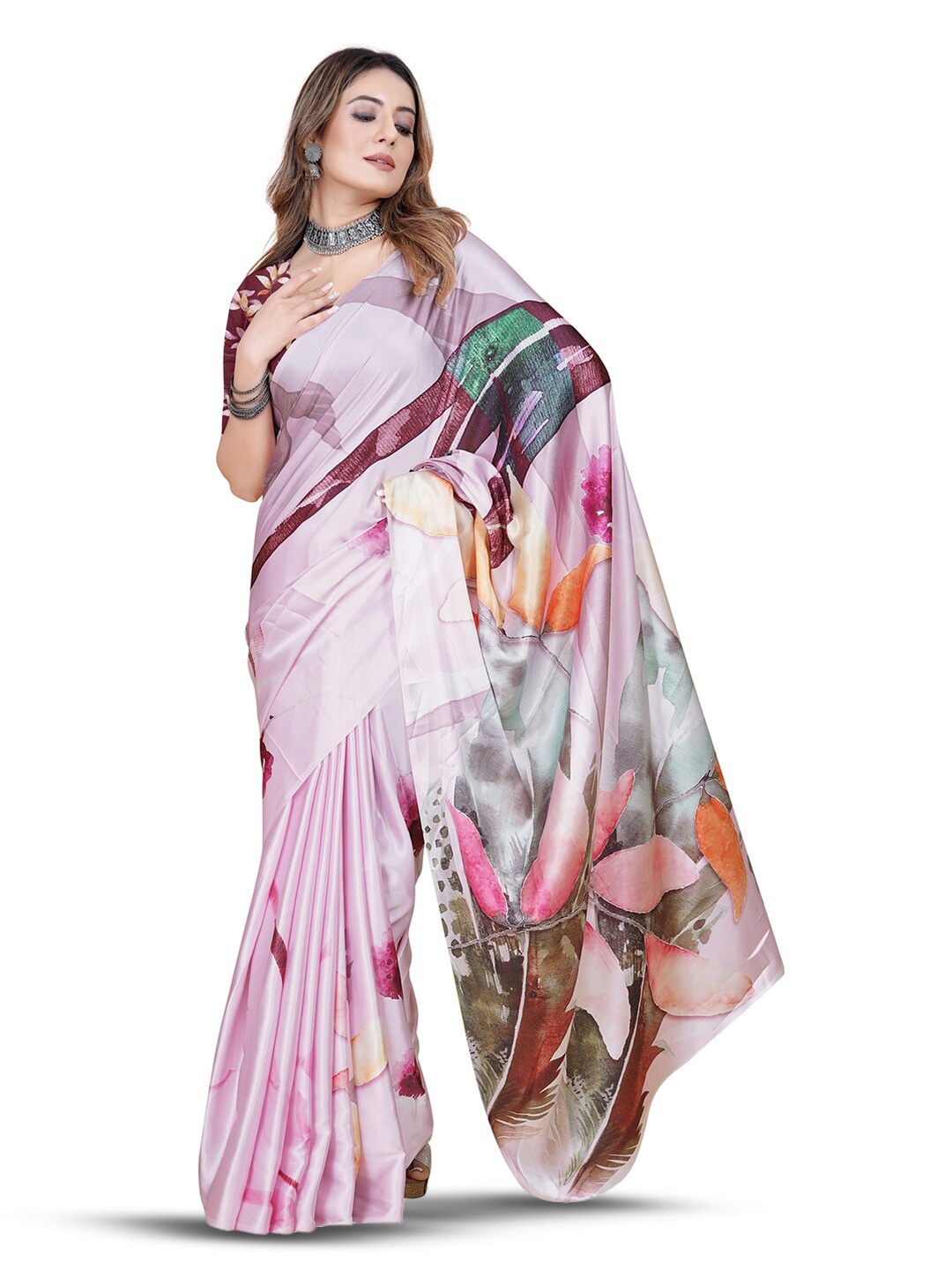 

Inithi Floral Printed Satin Saree, Pink