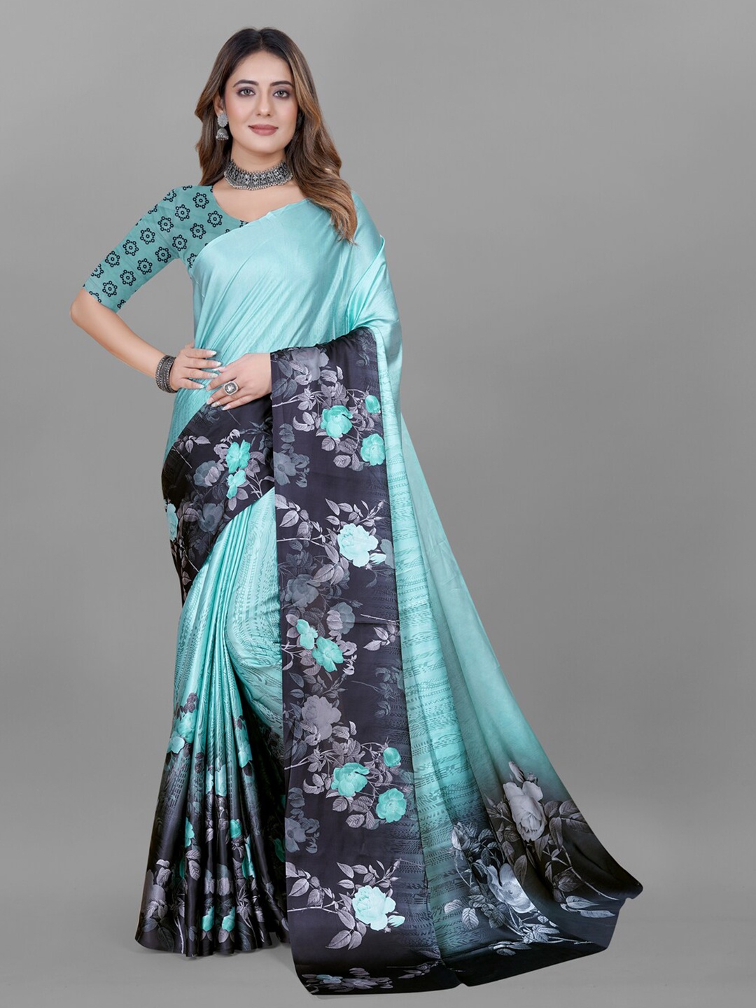 

Inithi Floral Printed Satin Saree, Teal