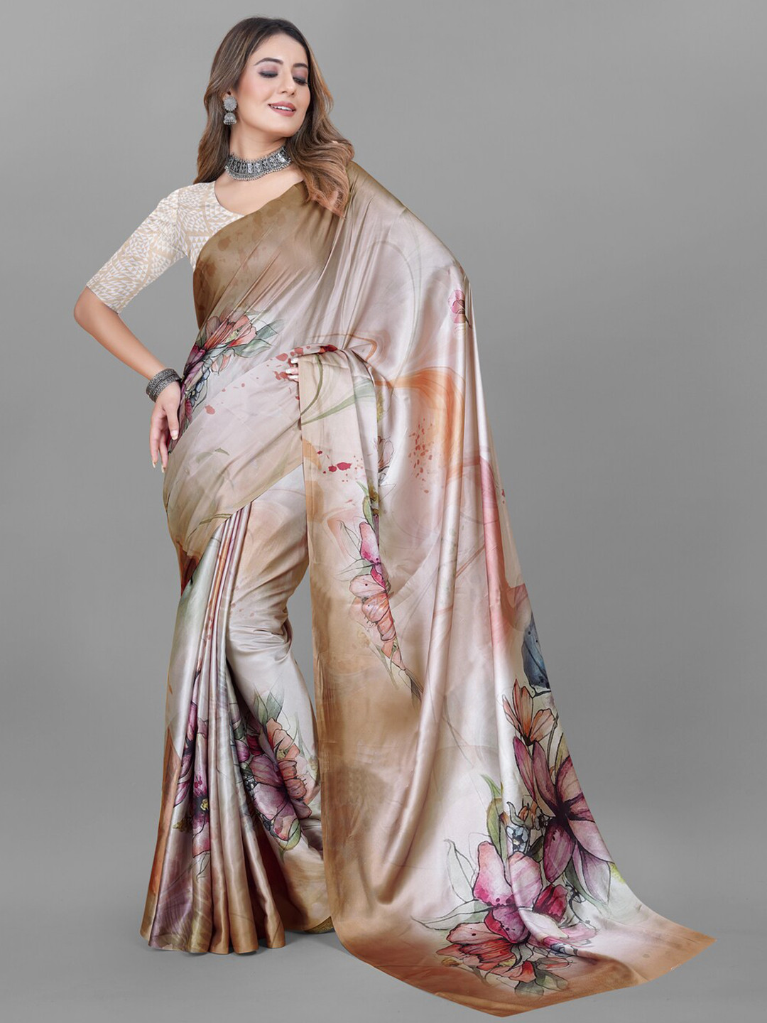 

Inithi Brown Floral Satin Saree