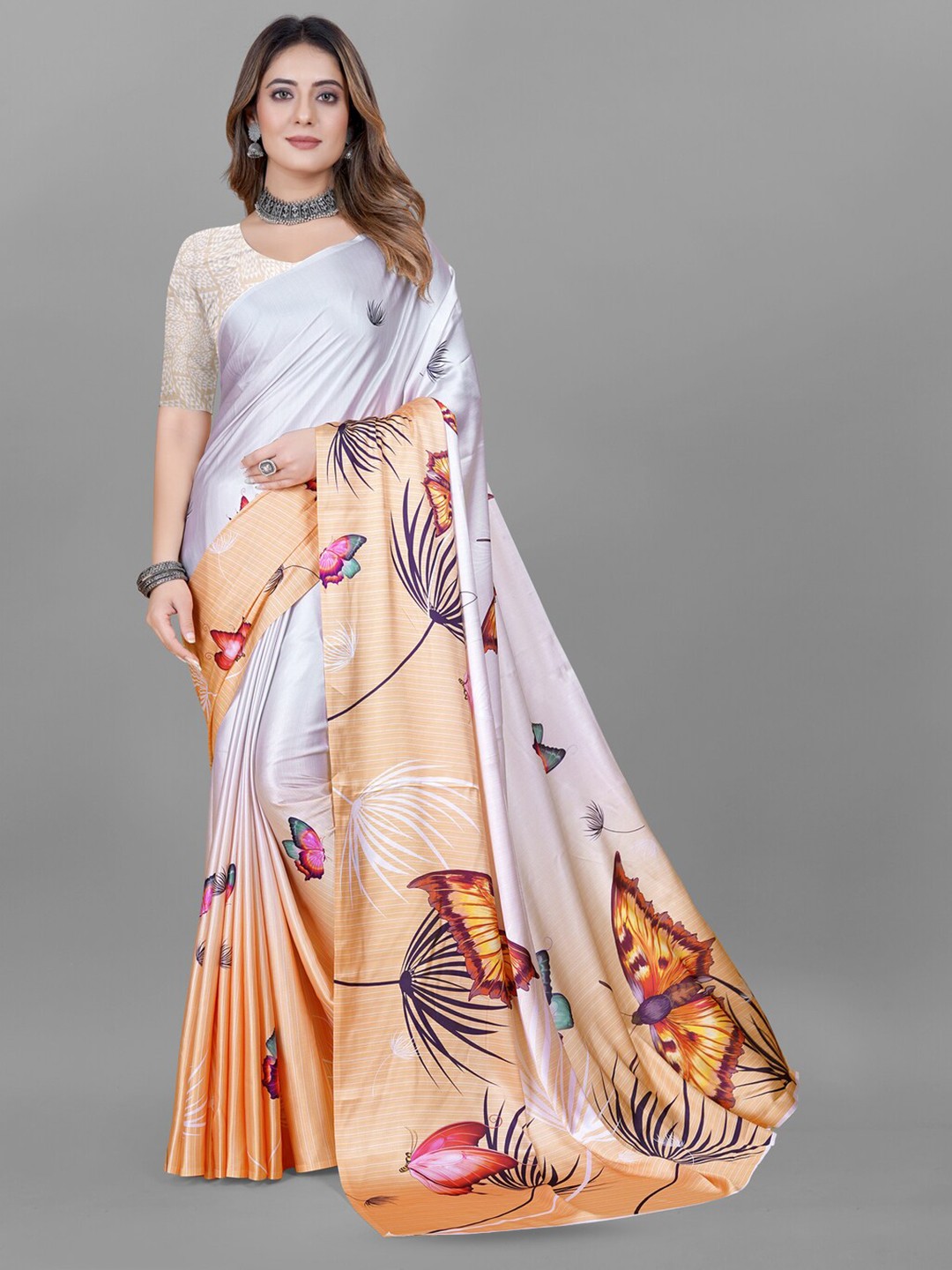 

Inithi Floral Printed Satin Saree, Grey