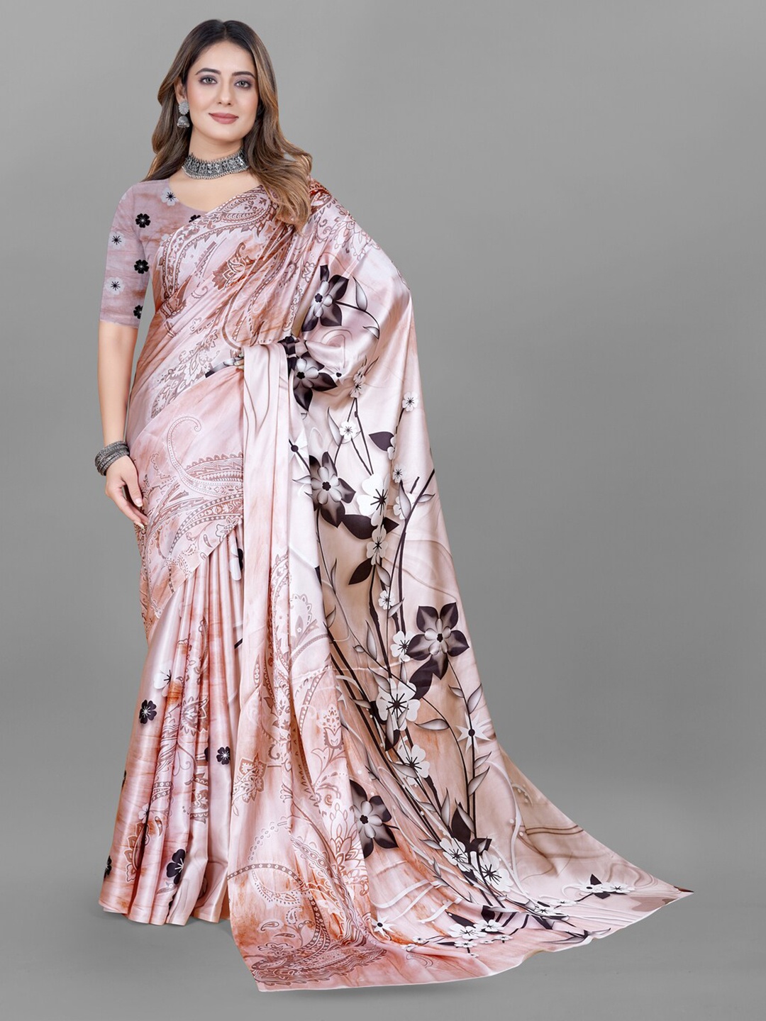 

Inithi Floral Printed Satin Saree, Mauve