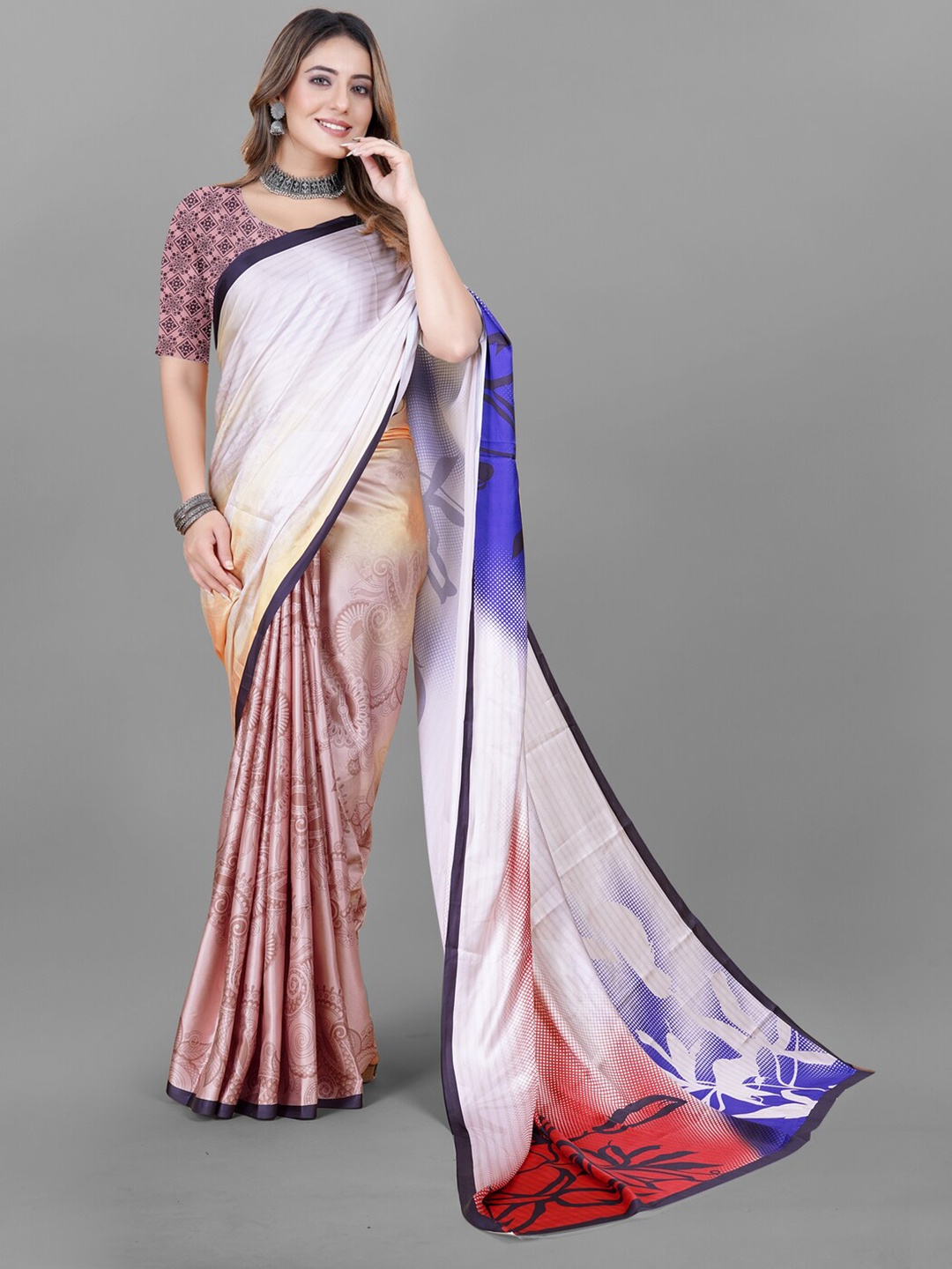 

Inithi Floral Printed Satin Saree, Brown