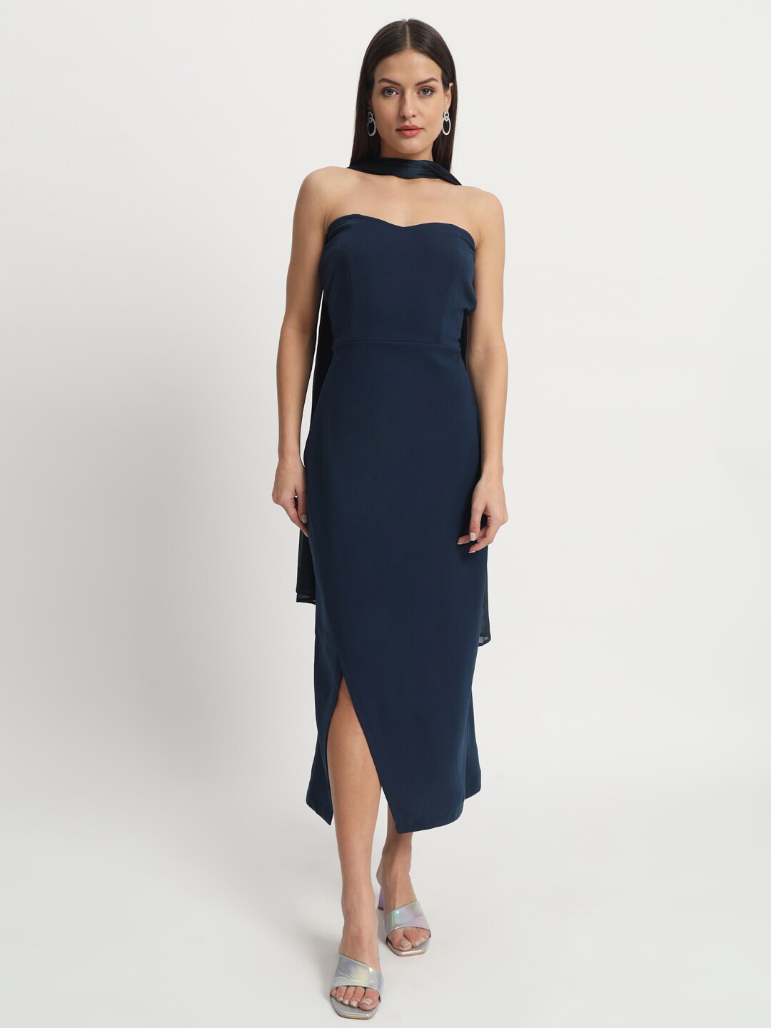 

ISAM Sweetheart Neck Scuba Sheath Midi Straight Dress With Dupatta, Teal