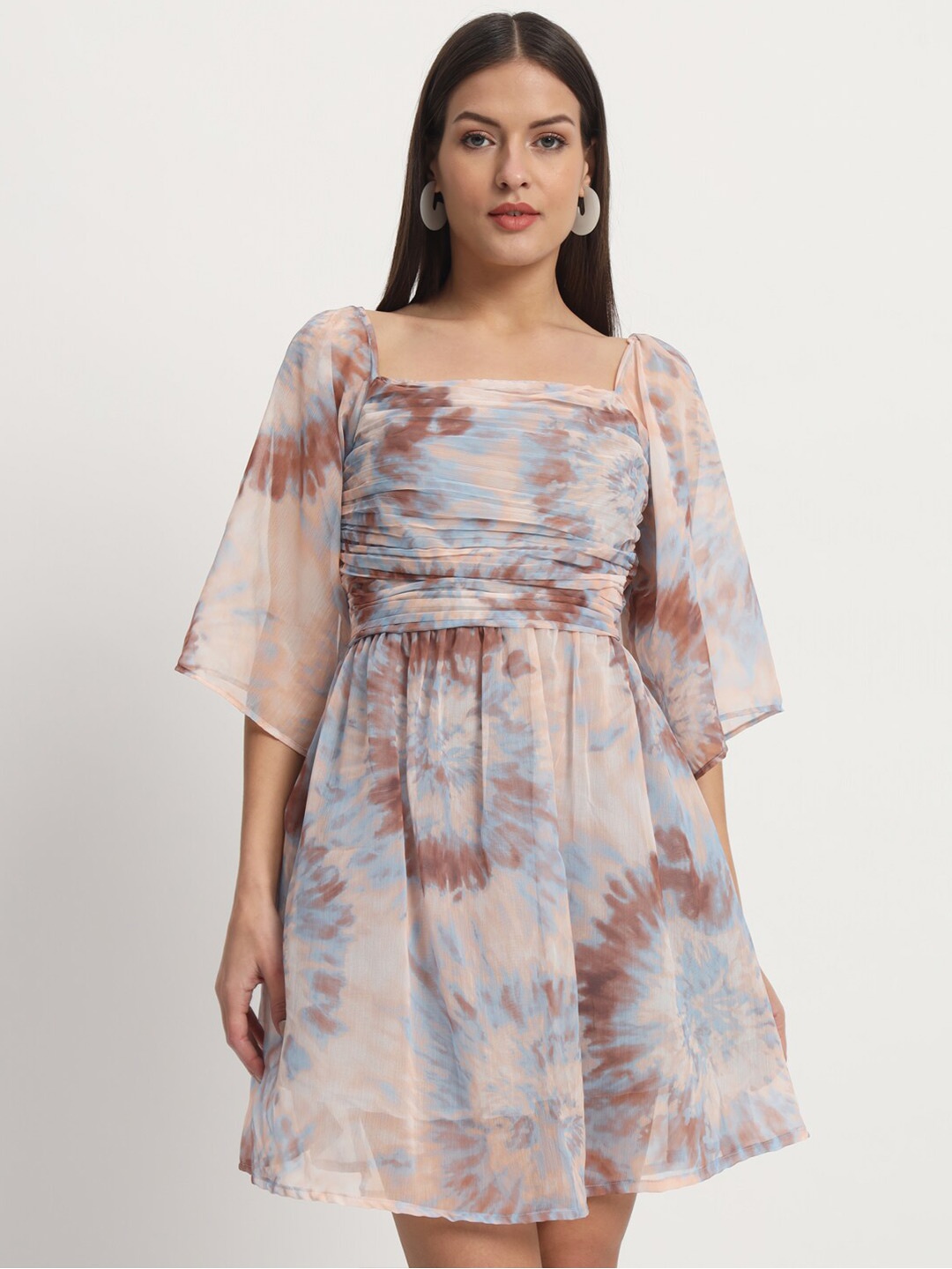 

ISAM Tie and Dye Print Bell Sleeve Chiffon Fit & Flare Mini Dress, Off white