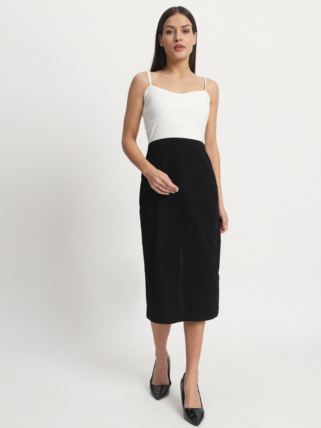 

ISAM Shoulder Straps Scuba Sheath Straight Midi Dress, Black