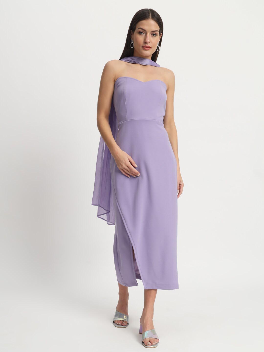 

ISAM Strapless Scuba Sheath Midi Dress With Dupatta, Lavender