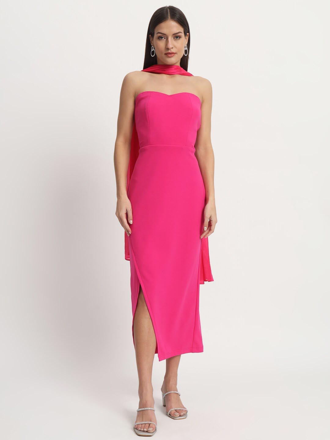 

ISAM Strapless Scuba Sheath Midi Dress With Dupatta, Pink