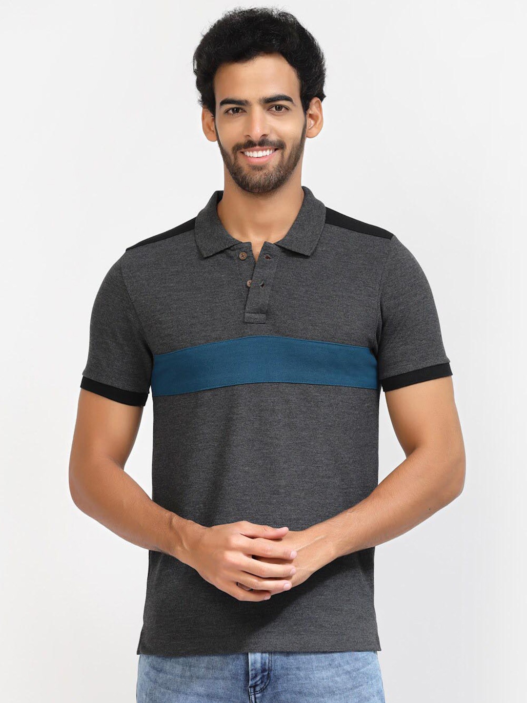 

Kalt Colourblocked Polo Collar T-shirt, Grey