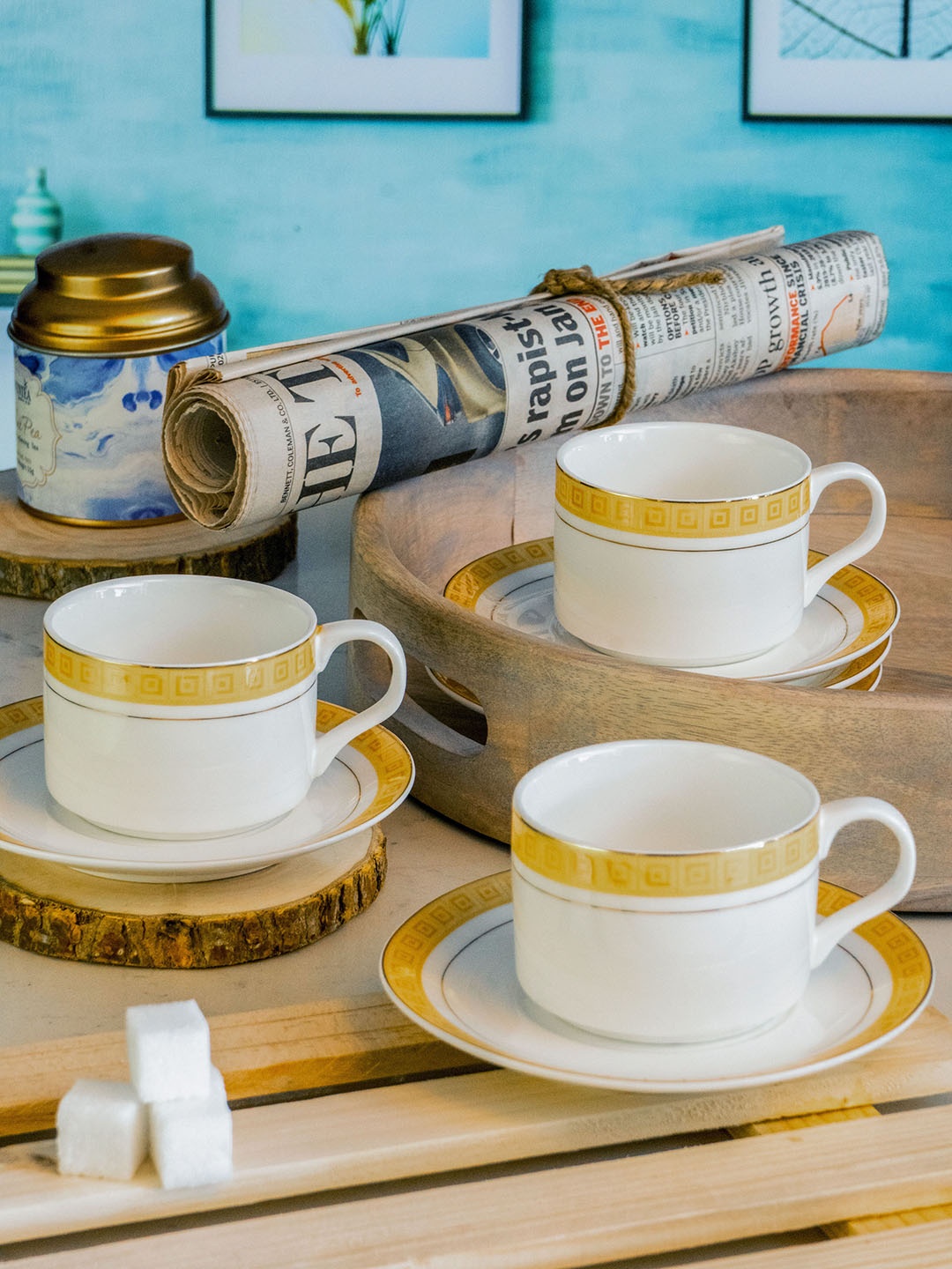 

White Gold White 12 pcs Geometric Printed Porcelain Glossy Cups & Saucers Set 120 ML