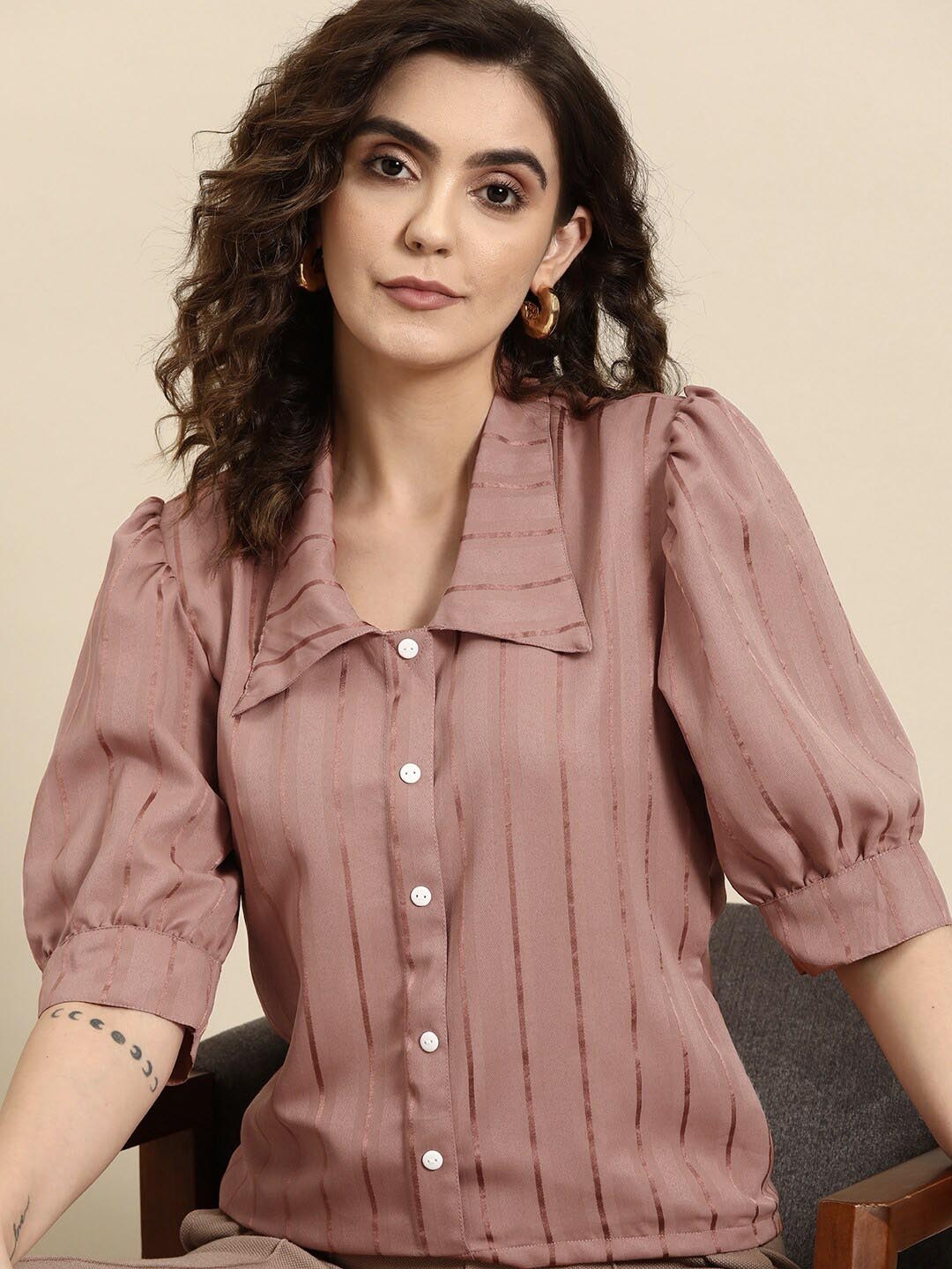 

all about you Brown Vertical Stripes Shirt Collar Puff Sleeve Crepe Shirt Style Top