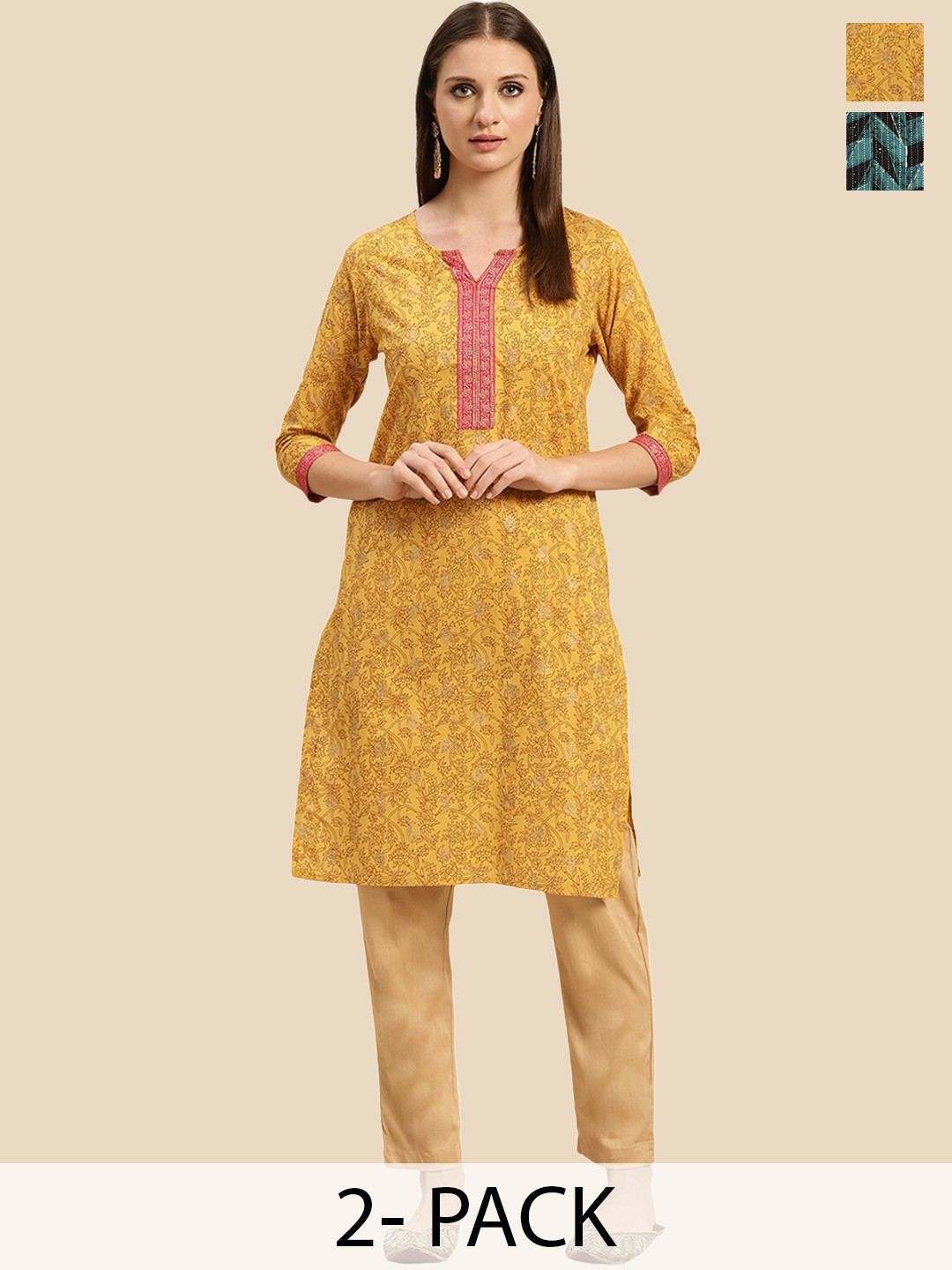 

Rangita Seletion Of 2 Printed Notch Neckline Straight Pure Cotton Kurta, Yellow