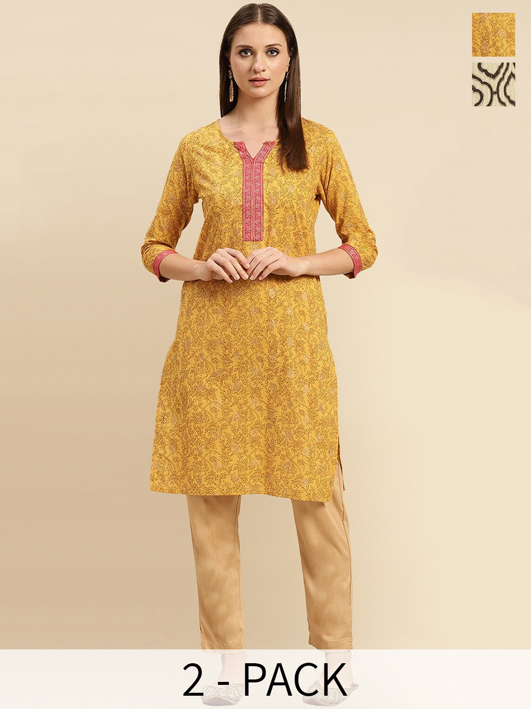 

Rangita Seletion Of 2 Printed Notch Neckline Straight Pure Cotton Kurta, Yellow