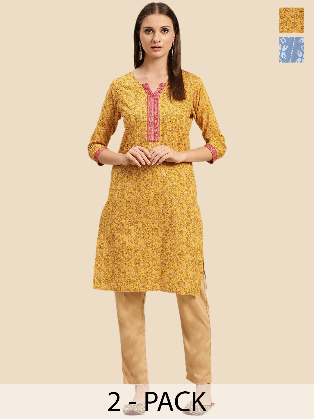 

Rangita Seletion Of 2 Printed Notch Neckline Straight Pure Cotton Kurta, Yellow