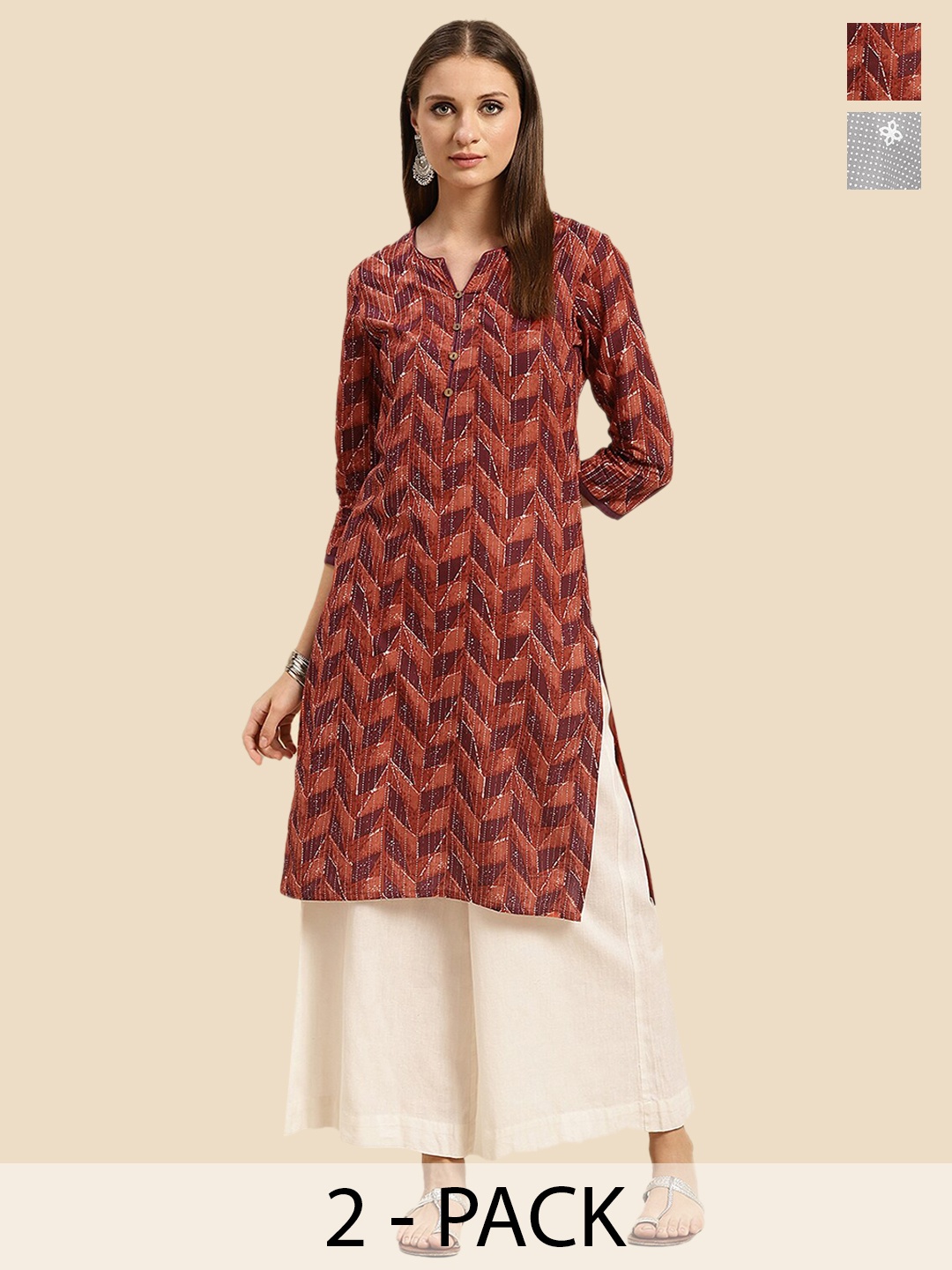 

Rangita Seletion Of 2 Geometric Printed Notch Neck Straight Pure Cotton Kurtas, Bronze