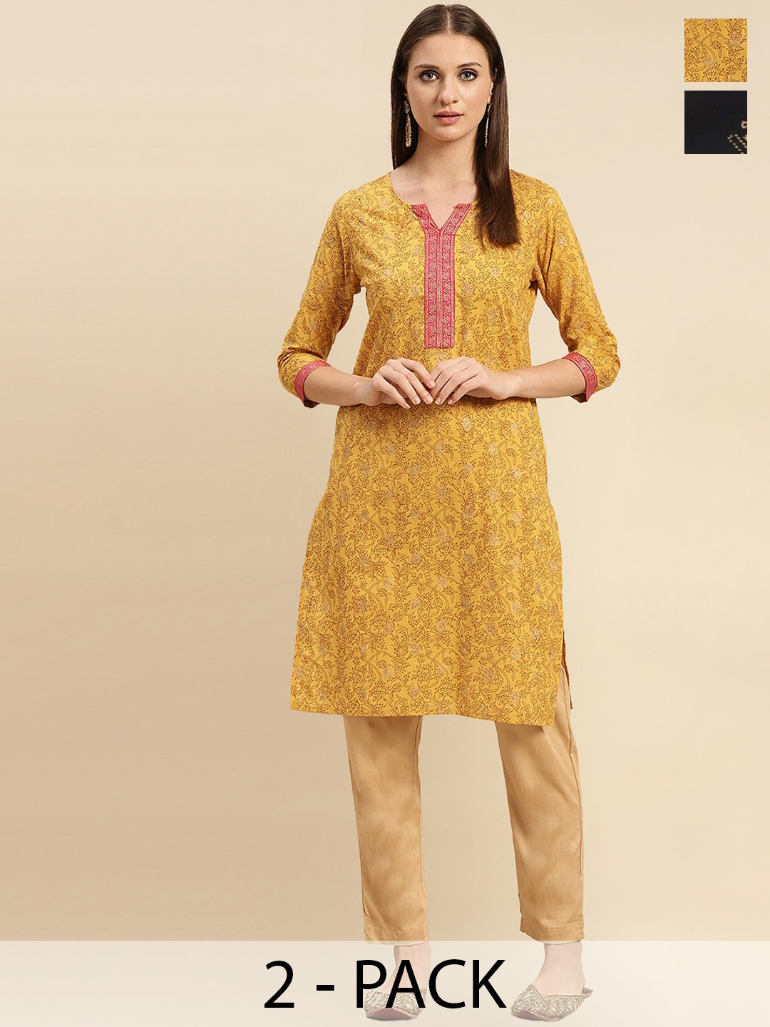

Rangita Pack of 2 Floral Printed V-Neck Pure Cotton Kurtas, Yellow