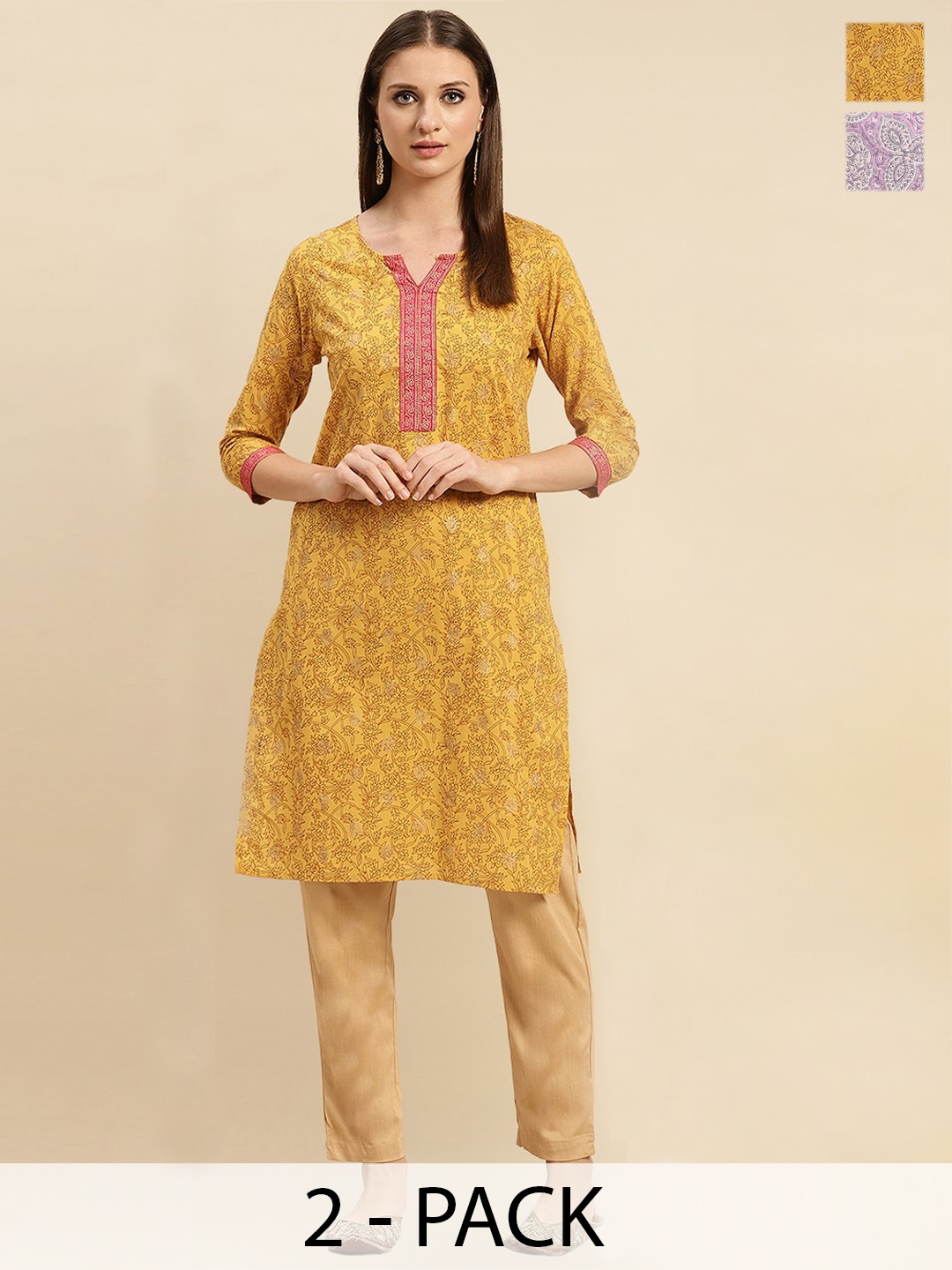 

Rangita Seletion Of 2 Floral Printed Notch Neckline Straight Pure Cotton Kurta, Yellow