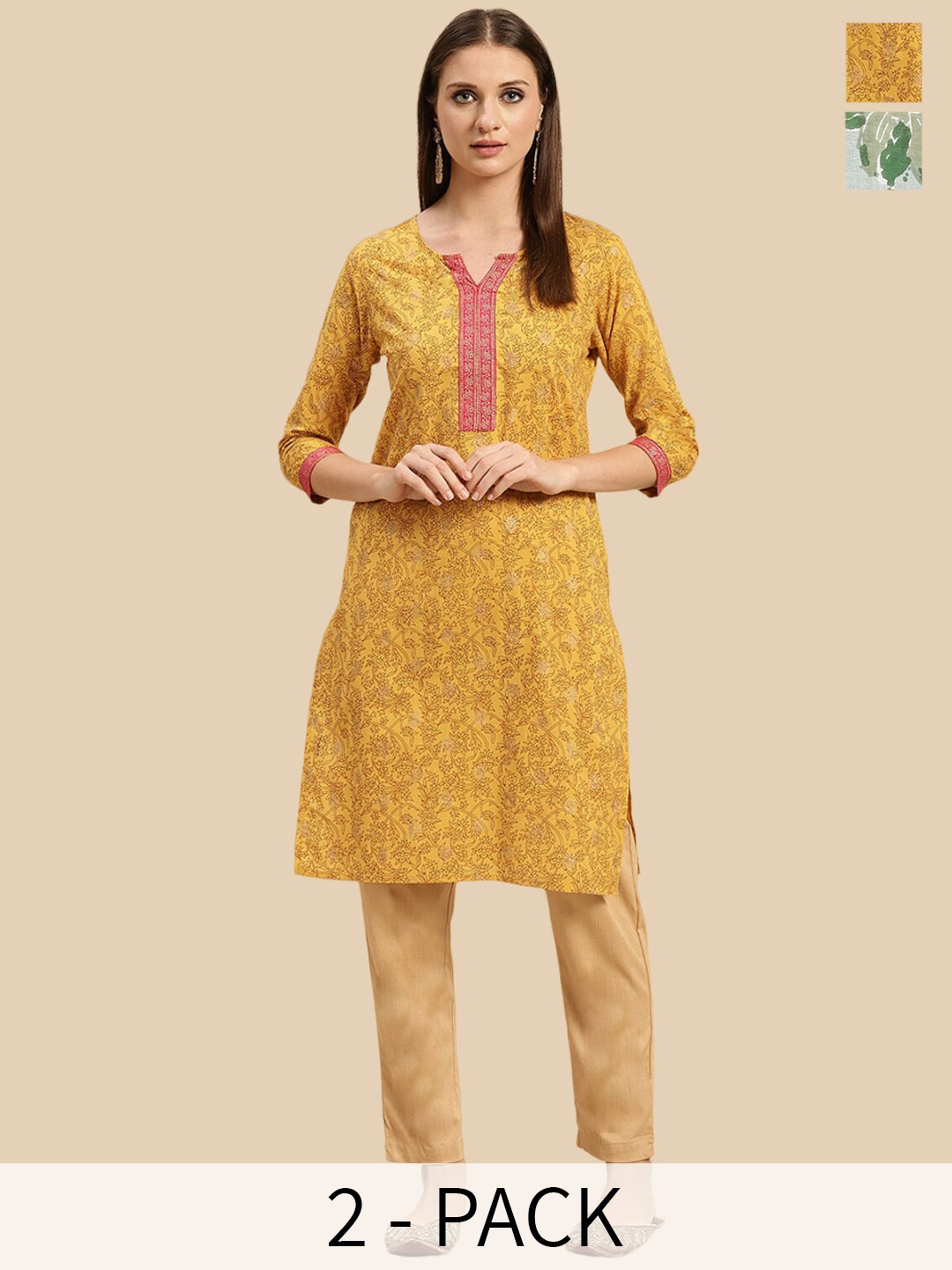 

Rangita Seletion Of 2 Floral Printed Notch Neckline Straight Pure Cotton Kurta, Yellow