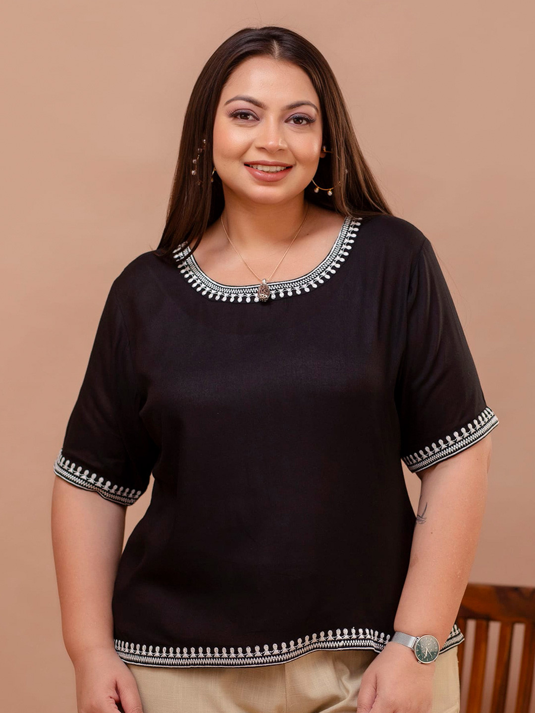 

MissKurti Plus Size Embroidered Round Neck Tunic, Black