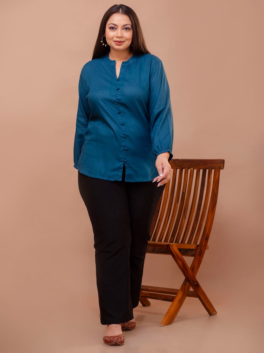 

MissKurti Plus Size Mandarin Collar Puff Sleeves Tunic, Navy blue