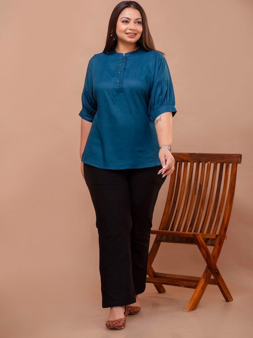 

MissKurti Plus Size Mandarin Collar Puff Sleeves Tunic, Navy blue