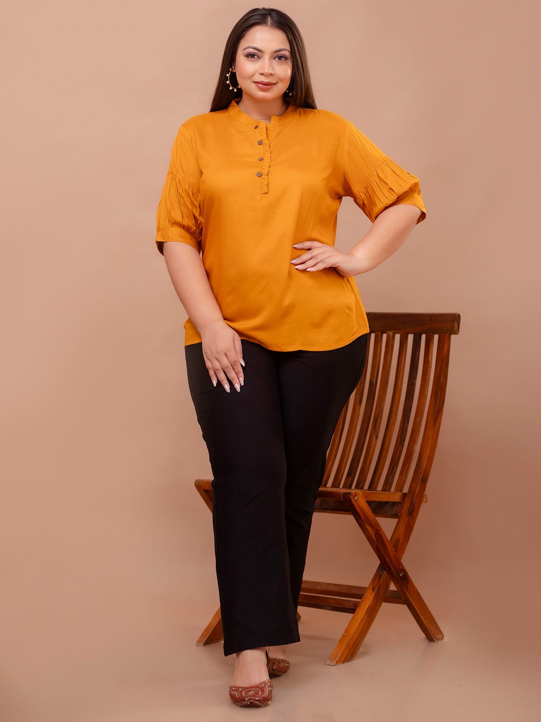 

MissKurti Plus Size Mandarin Collar Puff Sleeves Tunic, Yellow