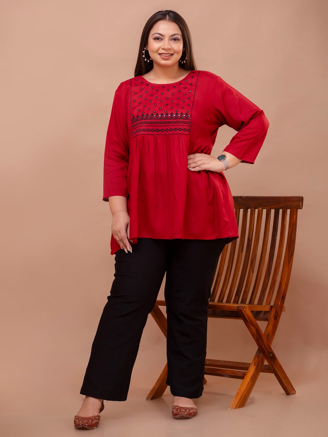 

MissKurti Plus Size Embroidered Mirror Work Tunic, Maroon