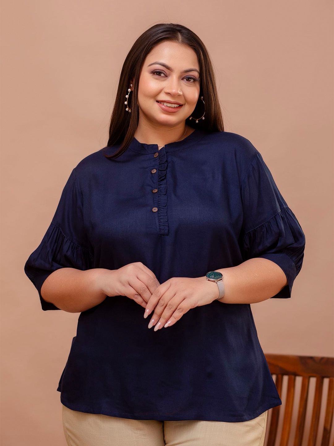 

MissKurti Plus Size Mandarin Collar Puff Sleeves Tunic, Navy blue