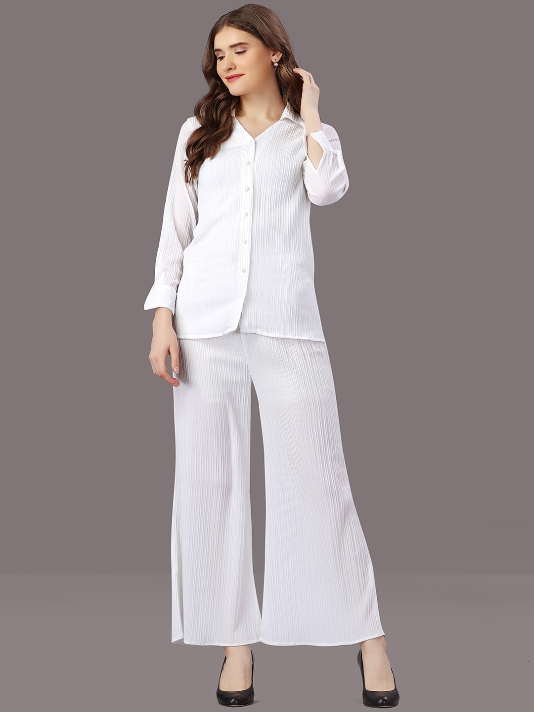 

HOUSE OF MIRA Shirt Collar Neck Shirt & Flared Trouser Co-Ords, White